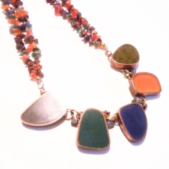 Multi Gemstone Chip and Slab Beaded Necklace * - Picture 3 of 5